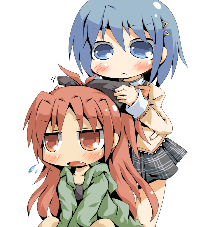 :<, bad_id, blue_eyes, blue_hair, blush, bow, carazuki, fang