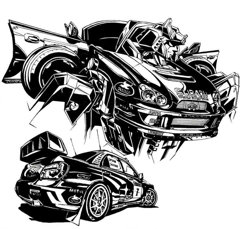 autobot, car, frown, greyscale, head_tilt, highres, mecha, monochrome