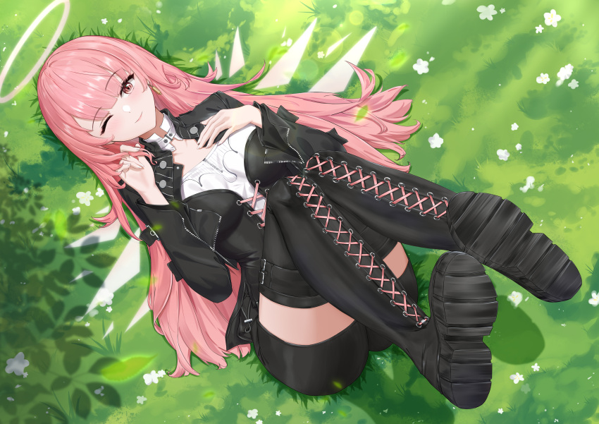 1girl, absurdres, arknights, black_boots, black_jacket, boots, closed_mouth, detached_wings