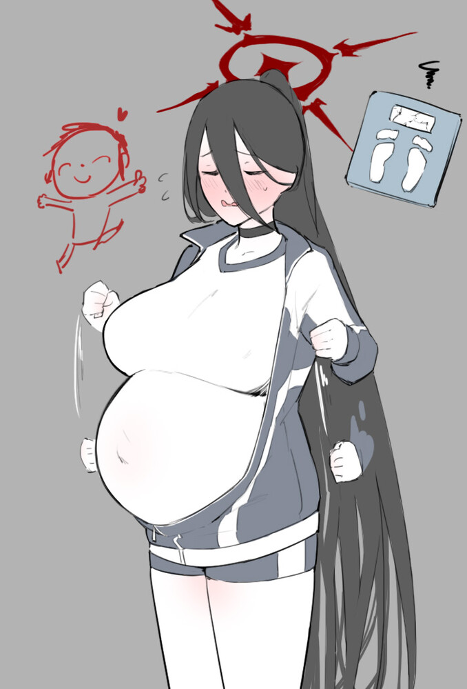 black_hair, breasts, clenched_hands, closed_eyes, covered_navel, doodle_sensei_(blue_archive), flustered, frustrated, grey_jacket, hair_between_eyes, halo, hasumi_(blue_archive), hasumi_(track)_(blue_archive), jacket, large_breasts, long_hair, neck_collar, non-web_source, pants, pregnant, red_halo, sensei_(blue_archive), shirt, shorts, thighs, track_jacket, track_pants, very_long_hair, weighing_scale, white_shirt