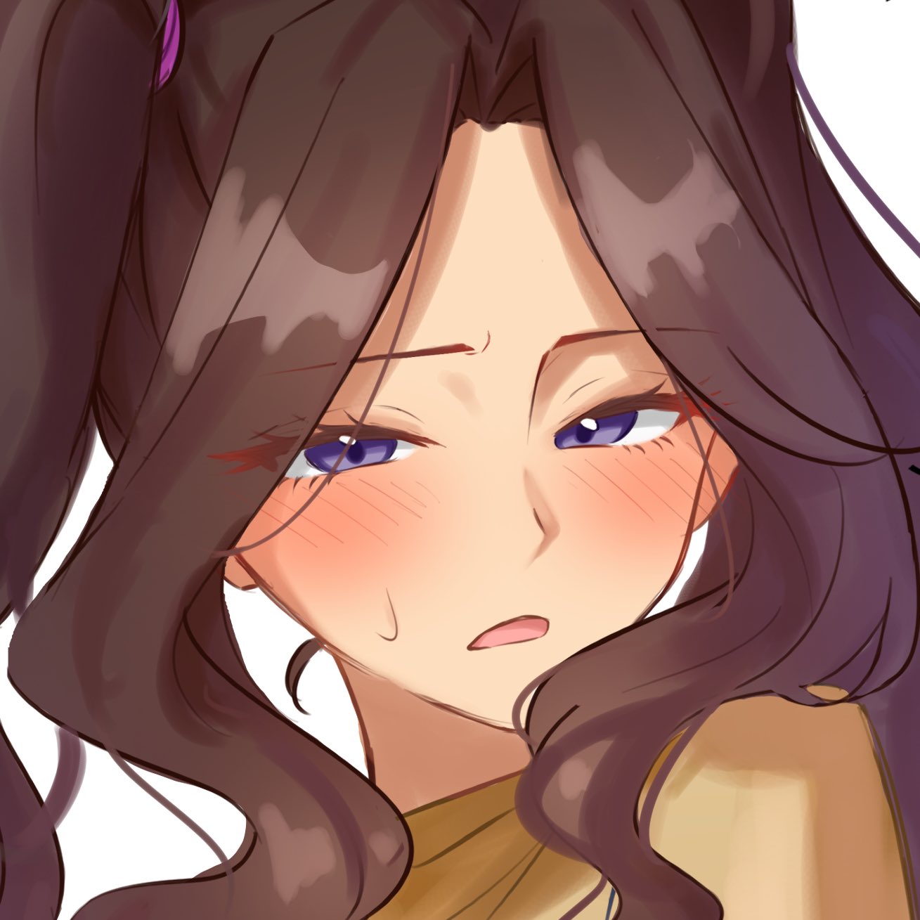 1girl, blush, brown_hair, cana_alberona, fairy_tail, highres, looking_at_viewer, open_mouth, portrait, solo, sweatdrop, violet_eyes, yumiluna25