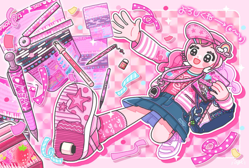 1girl, agechan007, bag, bag_charm, baseball_cap, blue_bag, blue_skirt, charm_(object), clover, commentary_request, confetti, eraser, four-leaf_clover, handbag, hat, heelys, heisei_retro, highres, holding, jacket, lanyard, long_hair, long_sleeves, open_clothes, open_jacket, original, pen, pink_hair, pink_hat, pink_jacket, pink_shirt, pink_shoes, pink_socks, pink_theme, rainbow, ruler, shirt, shoes, side_ponytail, skirt, socks, solo, stationery, tamagotchi, tamagotchi_(virtual_pet), tamagotchi_on, translation_request, walking