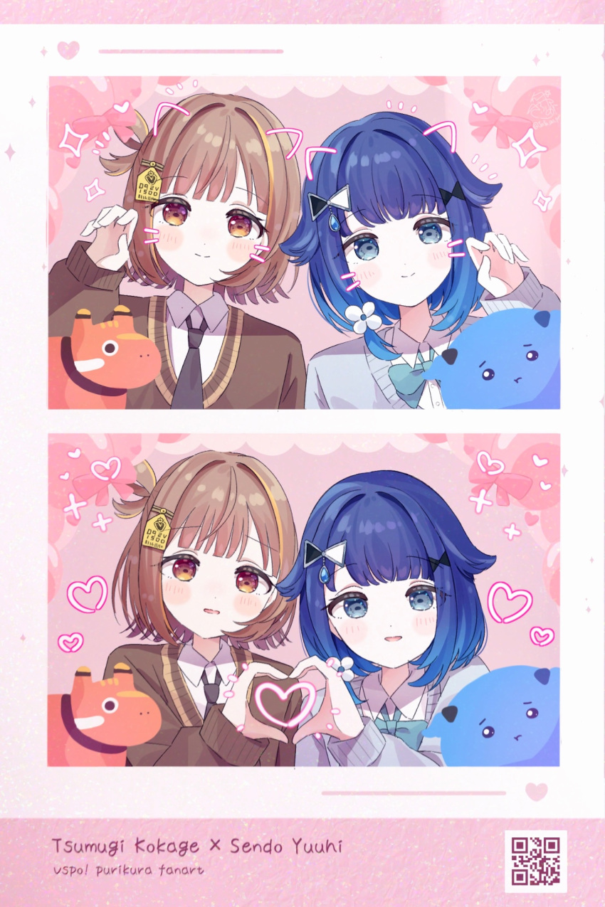 2girls, akabeko, black_necktie, blonde_hair, blue_eyes, blue_hair, blush, brown_hair