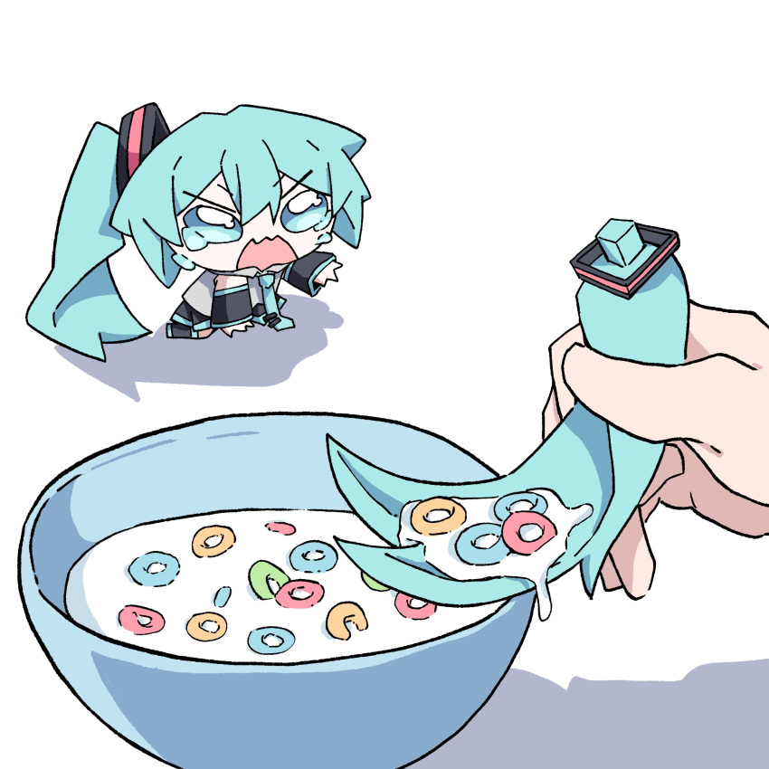 1girl, 1other, aqua_eyes, aqua_hair, black_skirt, black_sleeves, cereal, chibi, crying, crying_with_eyes_open, detached_hair, detached_sleeves, hatsune_miku, highres, improvised_utensil, kneeling, master_(vocaloid), milk, mumu323m, open_mouth, pov, pov_hands, shadow, simple_background, skirt, solo_focus, tears, vocaloid, white_background