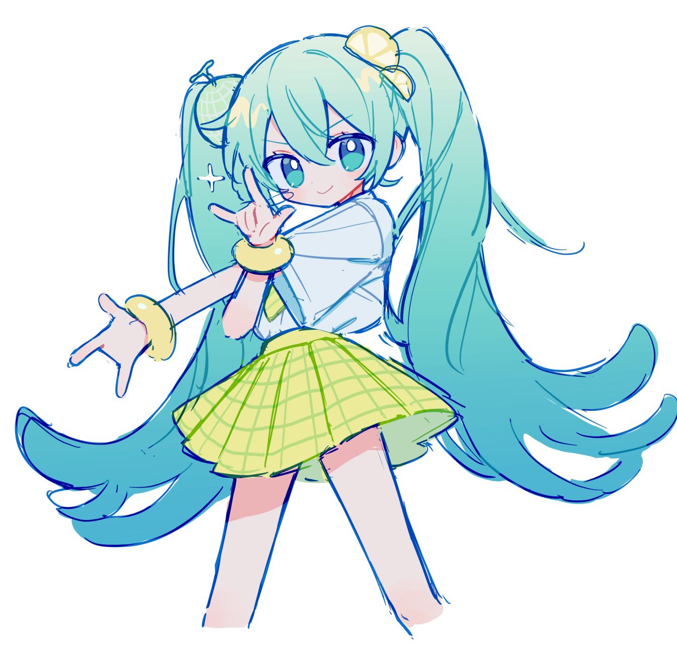 1girl, alternate_costume, aqua_eyes, aqua_hair, closed_mouth, commentary, cowboy_shot, green_skirt