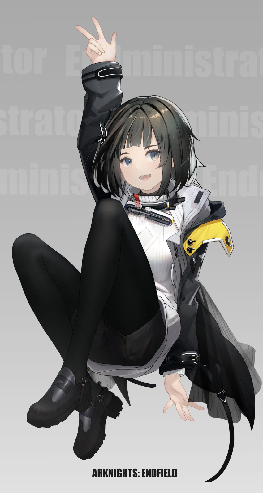 1girl, absurdres, arknights, arknights:_endfield, arm_up, black_hair, black_jacket, black_pantyhose
