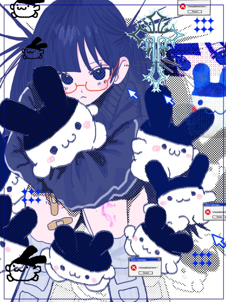 1girl, animal_ears, bandaid, bandaid_on_leg, blue_eyes, blue_hair, blue_jacket, commentary, creature, cross, cursor, error_message, glasses, holding, holding_creature, jacket, long_sleeves, looking_at_viewer, maho_(_i_kill_girl_), microsoft_windows, mimitchi, monkey_girl, original, rabbit_ears, rabbit_girl, red-framed_eyewear, shoes, sitting, sneakers, solo_focus, symbol-only_commentary, tamagotchi, tamagotchi_(creature), track_jacket, white_shoes, window_(computing)