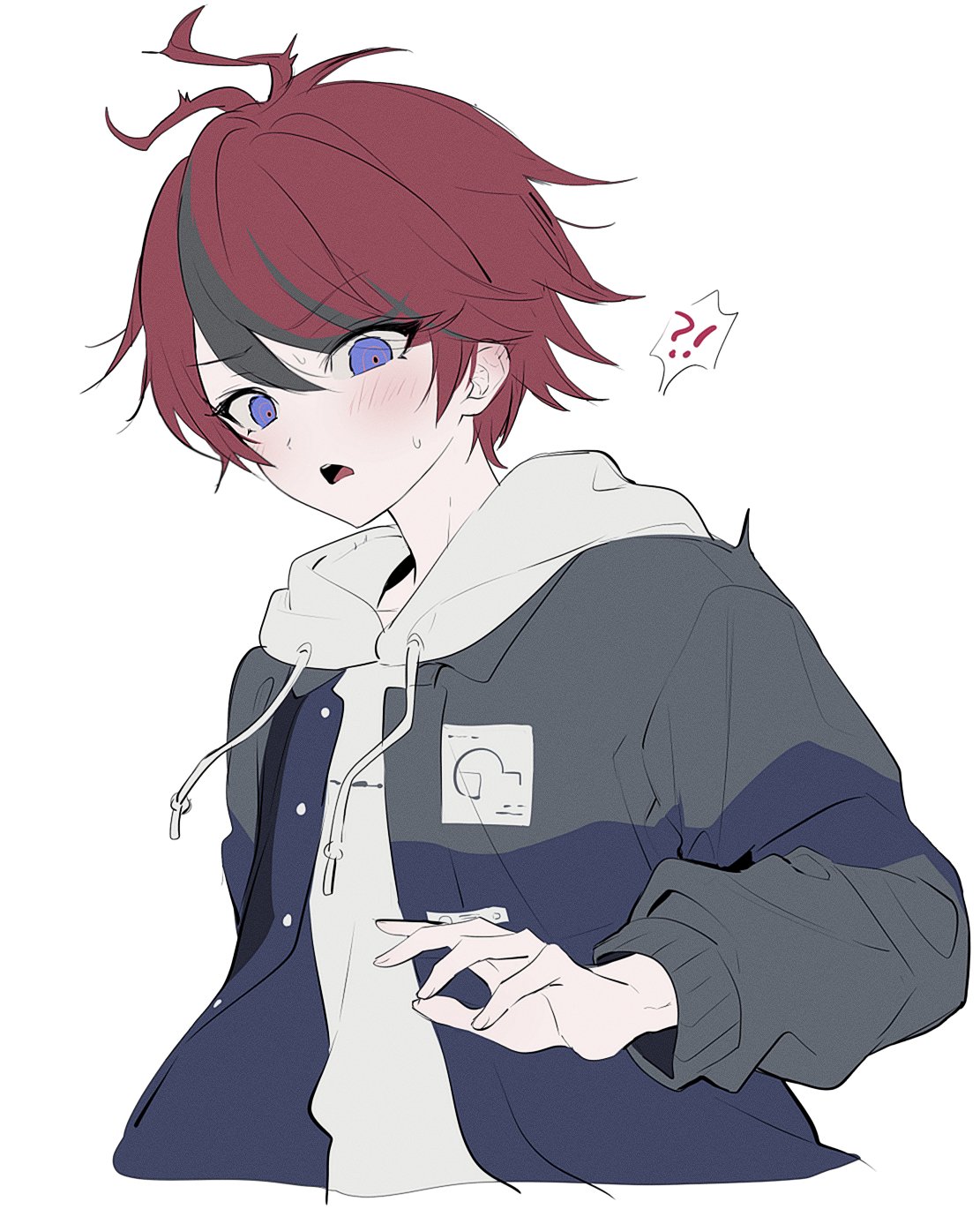 !?, 1boy, 4ro_1011, ahoge, blue_eyes, blush, cropped_torso, drawstring, ear_blush, highres, hood, hoodie, jacket, korean_commentary, male_focus, multicolored_hair, red_hair, short_hair, simple_background, solo, spoken_interrobang, streaked_hair, sumino_takumi, sweat, the_hundred_line_-last_defense_academy-, white_background, white_hoodie