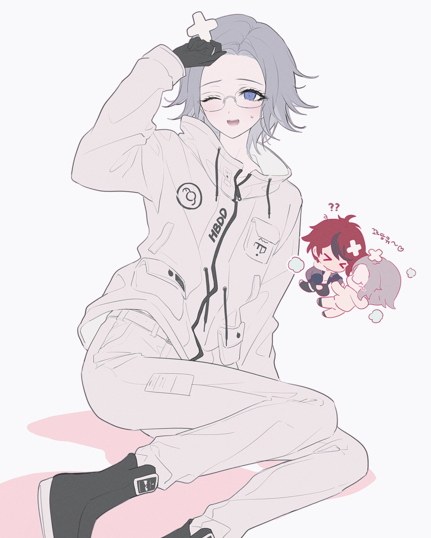2boys, 4ro_1011, ?, aotsuki_eito, arm_up, belt, black_boots, black_gloves
