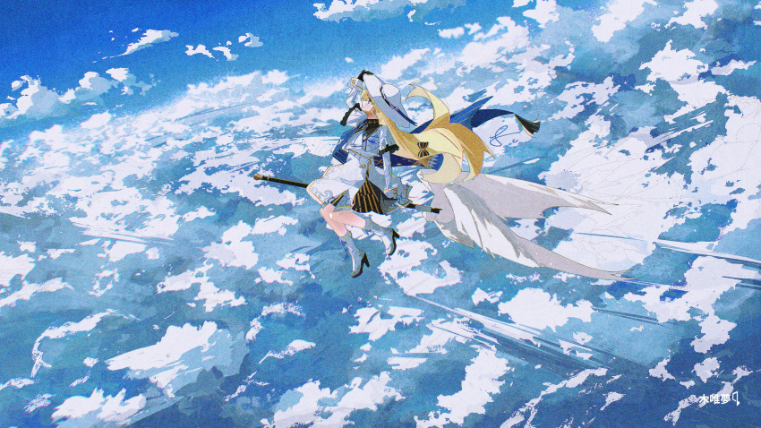 1girl, absurdres, black_collar, blonde_hair, blue_sash, boots, collar, commentary, english_commentary, film_grain, hand_on_own_hat, hat, highres, long_hair, long_sleeves, outdoors, phoebe_(wuthering_waves), puyuyan, riding, sash, shirt, skirt, solo, staff, white_boots, white_hat, white_shirt, white_skirt, wide_shot, wuthering_waves