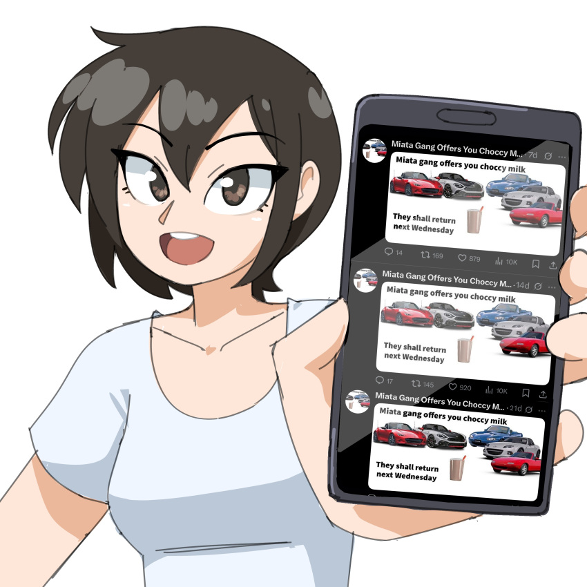1girl, absurdres, breasts, brown_eyes, brown_hair, cellphone, collarbone, english_commentary, fiat, fiat_124_spider, hair_behind_ear, highres, holding, holding_phone, looking_at_viewer, mazda, mazda_mx-5, mazda_mx-5_na, mazda_mx-5_nb, mazda_mx-5_nc, mazda_mx-5_nd, medium_breasts, open_mouth, original, orignial, phone, shirt, simple_background, smartphone, smile, solo, twitter, vee_(427deer), white_background, white_shirt