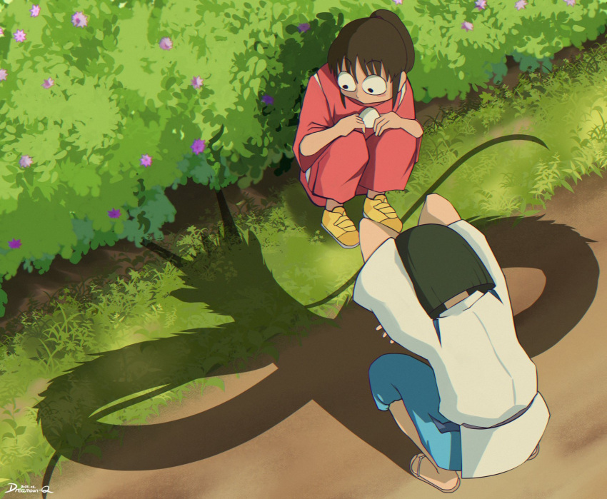 1boy, 1girl, black_hair, blue_pants, brown_hair, cat_shadow_puppet_(meme), different_shadow, dragon, dreamoon-q, haku_(sen_to_chihiro_no_kamikakushi), highres, meme, ogino_chihiro, pants, pink_pants, pink_shirt, sen_to_chihiro_no_kamikakushi, shirt, short_hair, squatting, surprised, white_shirt