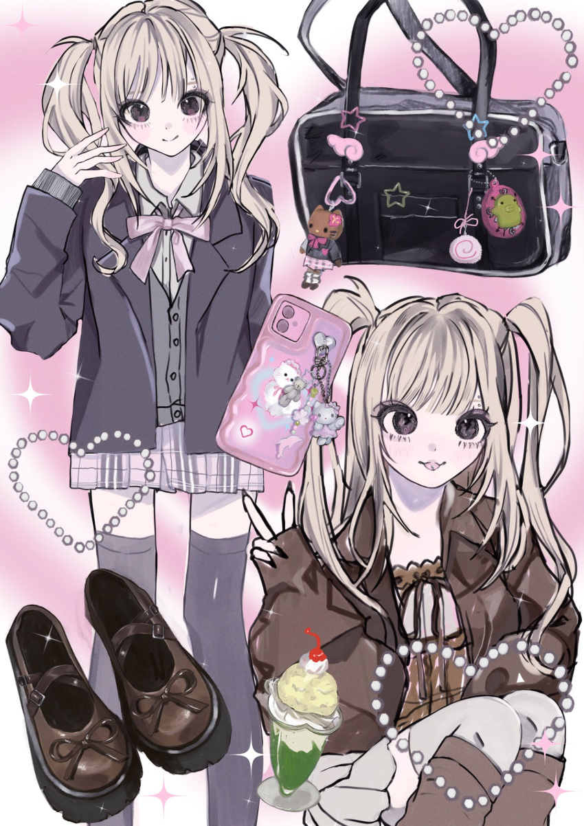 1girl, bag, bag_charm, bead_charm, beads, black_coat, black_thighhighs, blonde_hair