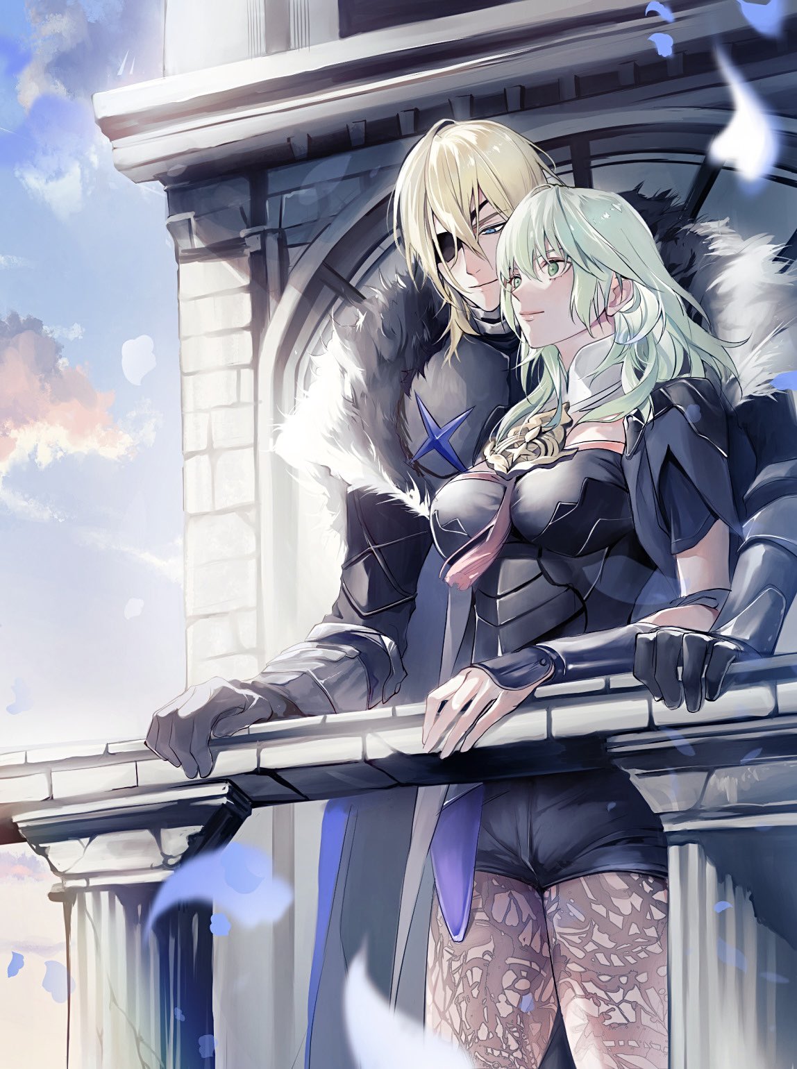 1boy, 1girl, armor, black_armor, black_fur, black_shirt, black_shorts, blonde_hair