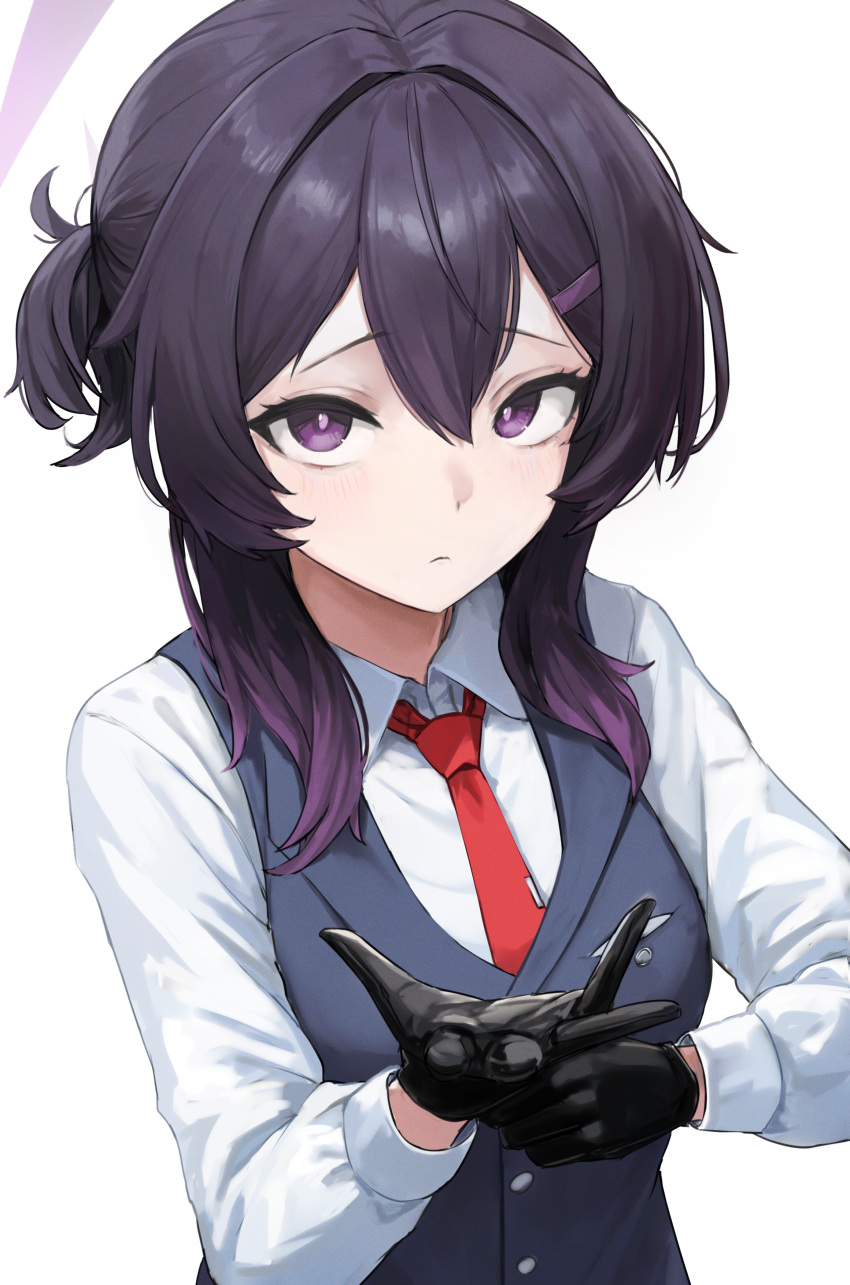 1girl, absurdres, adjusting_clothes, adjusting_gloves, black_gloves, black_vest, blue_archive, butler