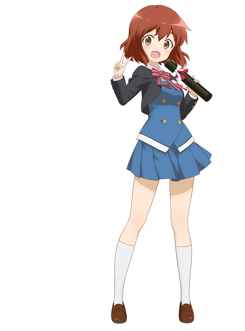 1girl, :d, black_jacket, blue_skirt, blue_vest, bow, bowtie, brown_eyes