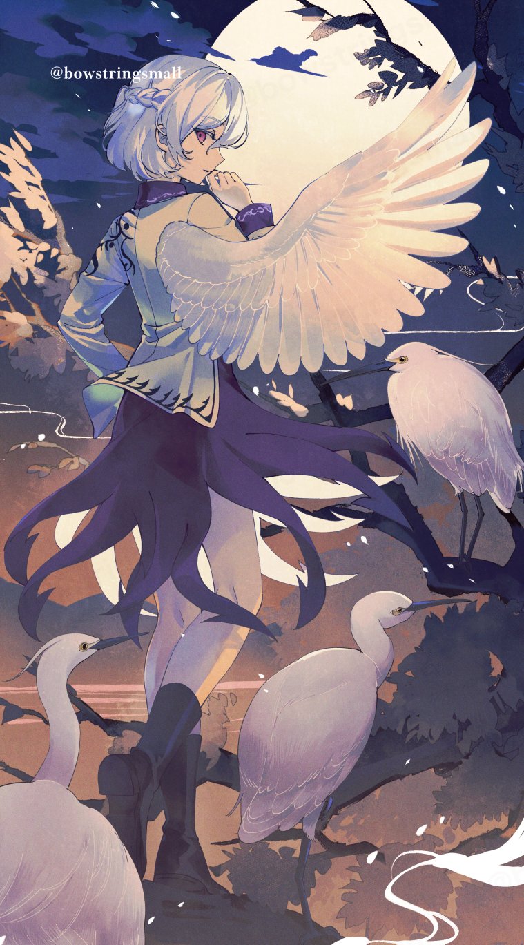1girl, bird, black_boots, boots, braid, clouds, dress, feathered_wings