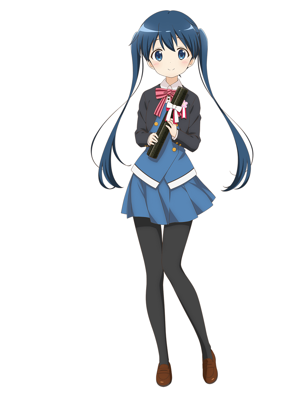1girl, black_jacket, black_pantyhose, blue_eyes, blue_hair, blue_skirt, blue_vest, bow