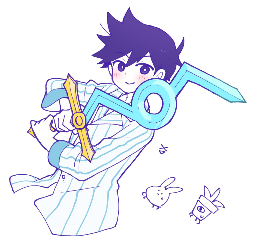 >_<, 1boy, :d, blush, bright_pupils, bug_bunny_(omori), buttons, closed_mouth, colored_skin, cropped_torso, doroidsan, double-parted_bangs, hair_behind_ear, hair_between_eyes, hero_(headspace)_(omori), hero_(omori), highres, holding, holding_sword, holding_weapon, long_sleeves, looking_at_viewer, male_focus, omori, potted_plant_(omori), purple_hair, shirt, short_hair, simple_background, smile, solo, striped_clothes, striped_shirt, sword, v-shaped_eyebrows, vertical-striped_clothes, vertical-striped_shirt, very_short_hair, violet_eyes, weapon, white_background, white_pupils, white_shirt, white_skin, xd