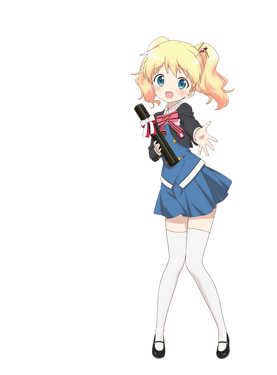 1girl, :d, alice_cartelet, black_jacket, black_shoes, blonde_hair, blue_eyes, blue_skirt