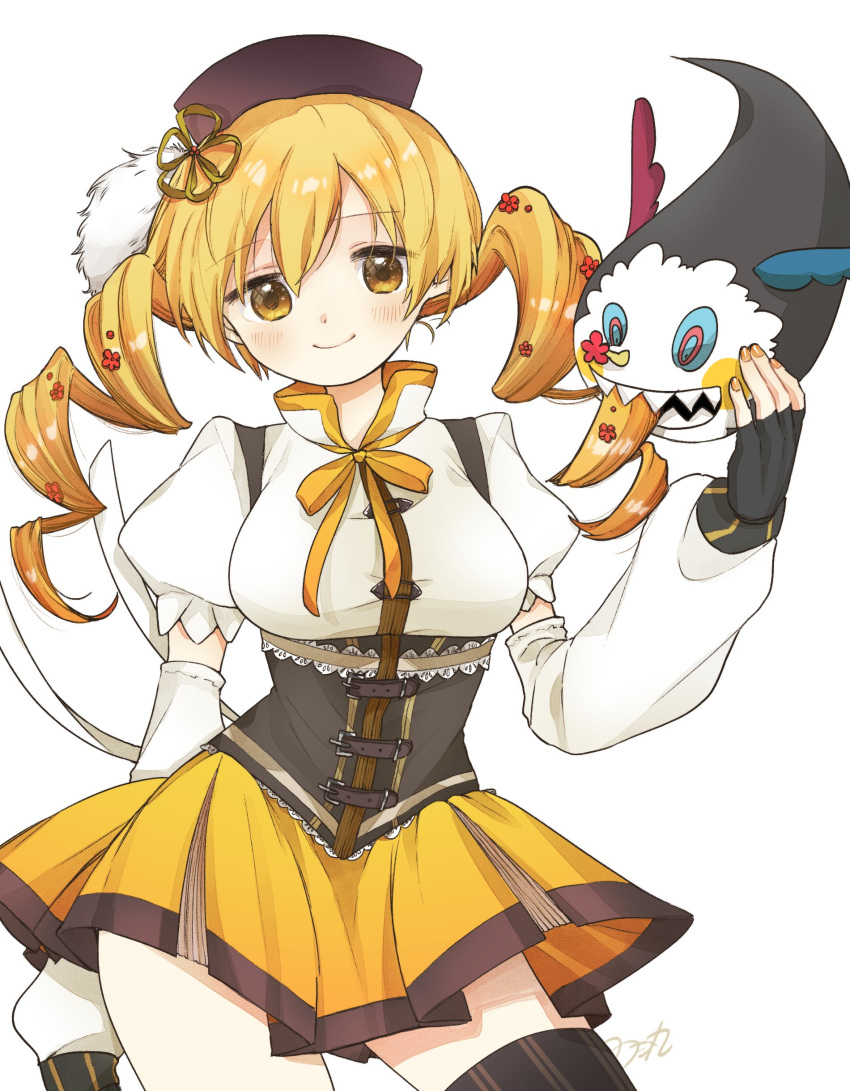 1girl, absurdres, beret, black_corset, black_gloves, blonde_hair, blush, breasts