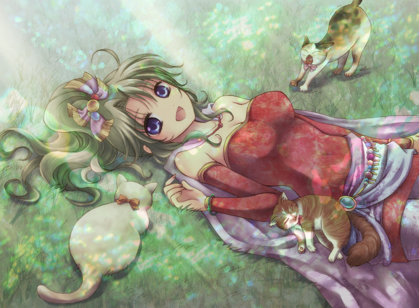 blue_eyes, bow, bracelet, breasts, cape, cat, detached_sleeves, dissidia_final_fantasy