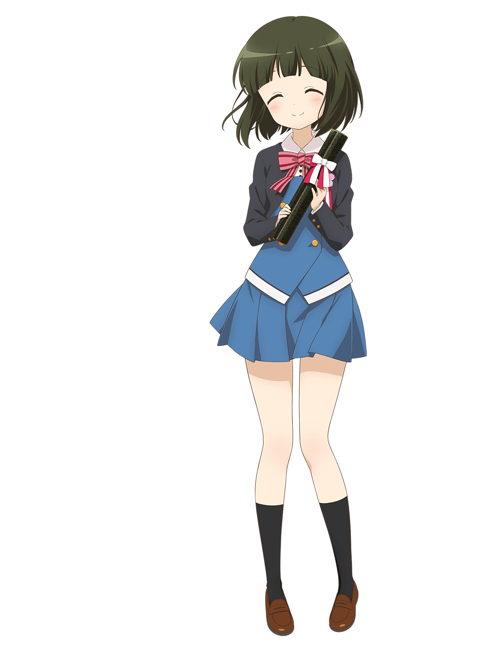 1girl, ^_^, arched_bangs, black_jacket, black_socks, blue_skirt, blue_vest, bow