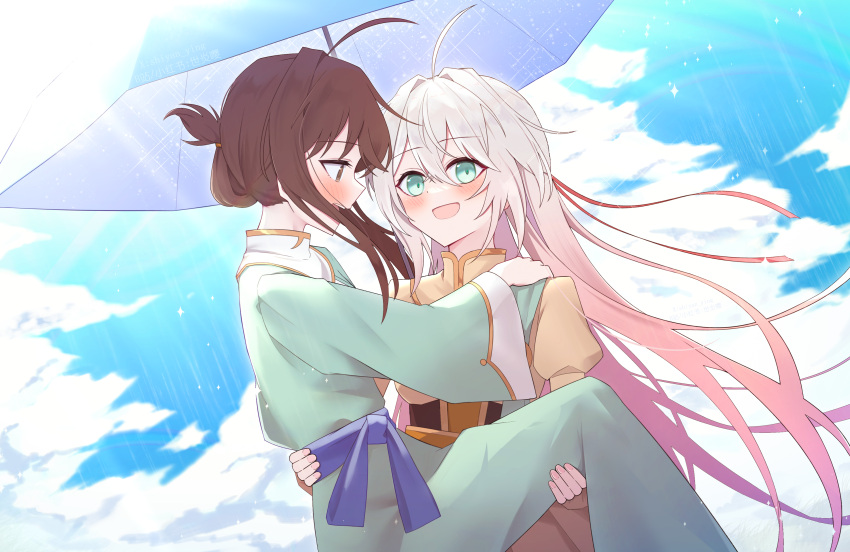 2girls, absurdres, blue_dress, blue_eyes, blue_sky, blush, brown_eyes, brown_hair