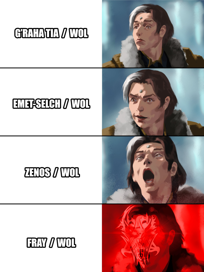 1boy, absurdres, ahegao, ascian_glyph, brown_eyes, brown_hair, emet-selch, final_fantasy