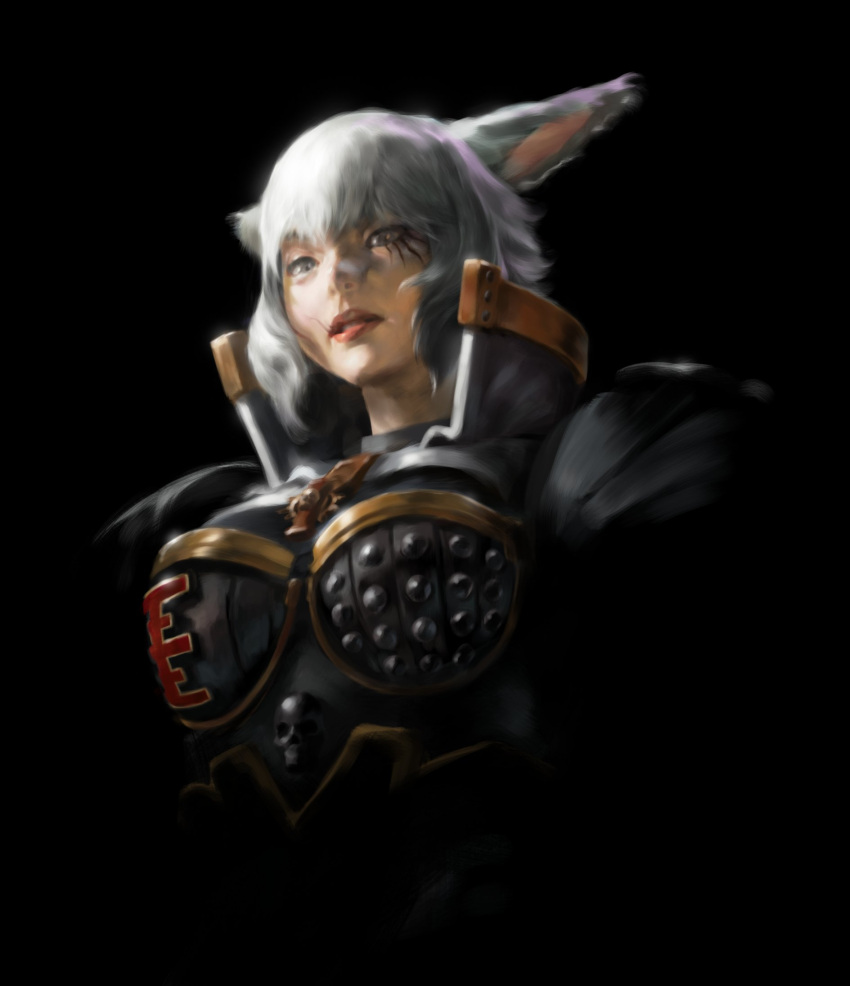 1girl, animal_ears, armor, black_background, boobplate, breastplate, cat_ears, crossover, final_fantasy, final_fantasy_xiv, formtheheadcom, grey_eyes, highres, inquisition_(warhammer), looking_down, robyn_addison, scar, short_hair, simple_background, solo, upper_body, warhammer_40k, white_hair, y'shtola_rhul