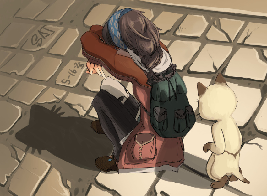 1girl, alma_(monster_hunter_wilds), backpack, bag, black_hair, black_pants, cat_shadow_puppet_(meme), commentary, dated, english_commentary, felyne, from_behind, hairband, jacket, long_hair, low-tied_long_hair, meme, monster_hunter_(series), monster_hunter_wilds, pants, red_jacket, saijou_(box_of_randomness), shadow, shadow_puppet, shoes, squatting