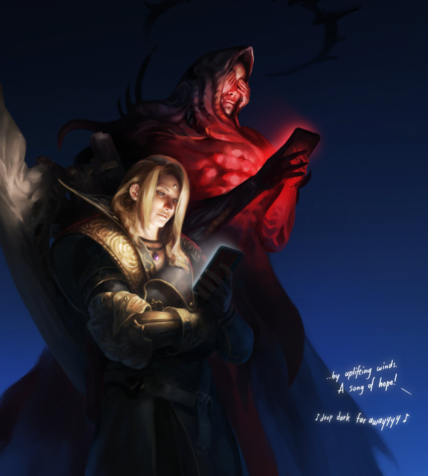 1boy, 1other, absurdres, allagan_tomestone, blonde_hair, cellphone, closed_mouth, english_commentary