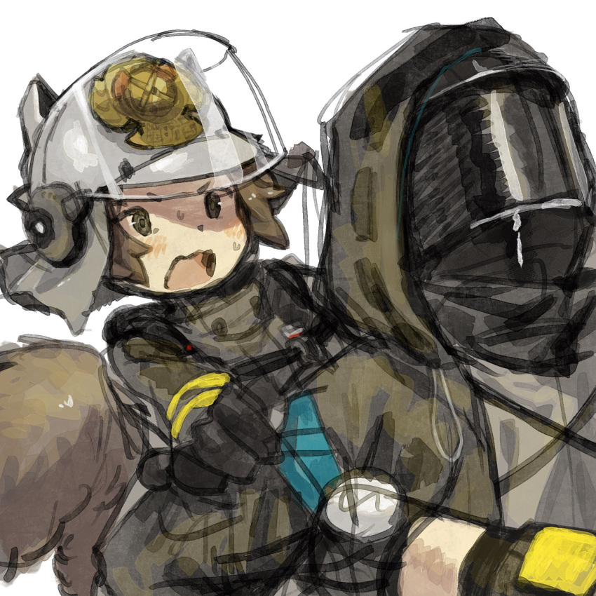 1girl, 1other, animal_ear_headwear, arknights, black_gloves, blush, brown_coat, brown_eyes, brown_hair, buffalo_iinkai, carrying, coat, covered_face, doctor_(arknights), embarrassed, face_shield, firefighter, gloves, hand_on_another's_shoulder, helmet, highres, hood, hood_up, hooded_coat, knee_pads, long_sleeves, looking_at_another, mask, open_mouth, outstretched_arms, piggyback, shaw_(arknights), short_hair, simple_background, squirrel_girl, squirrel_tail, tail, upper_body, v-shaped_eyebrows, visor_lift, white_background