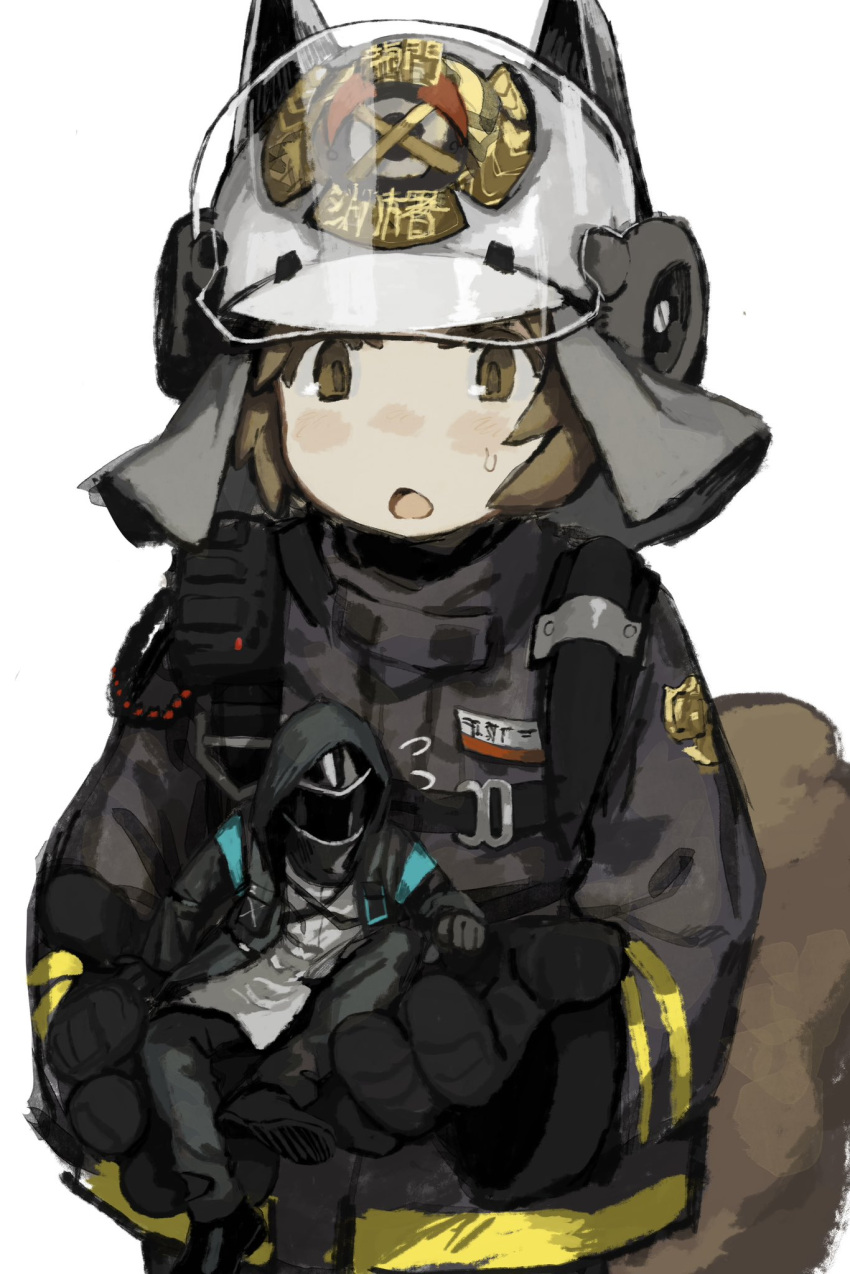 1girl, 1other, animal_ear_headwear, arknights, black_coat, black_gloves, black_pants, blush_stickers
