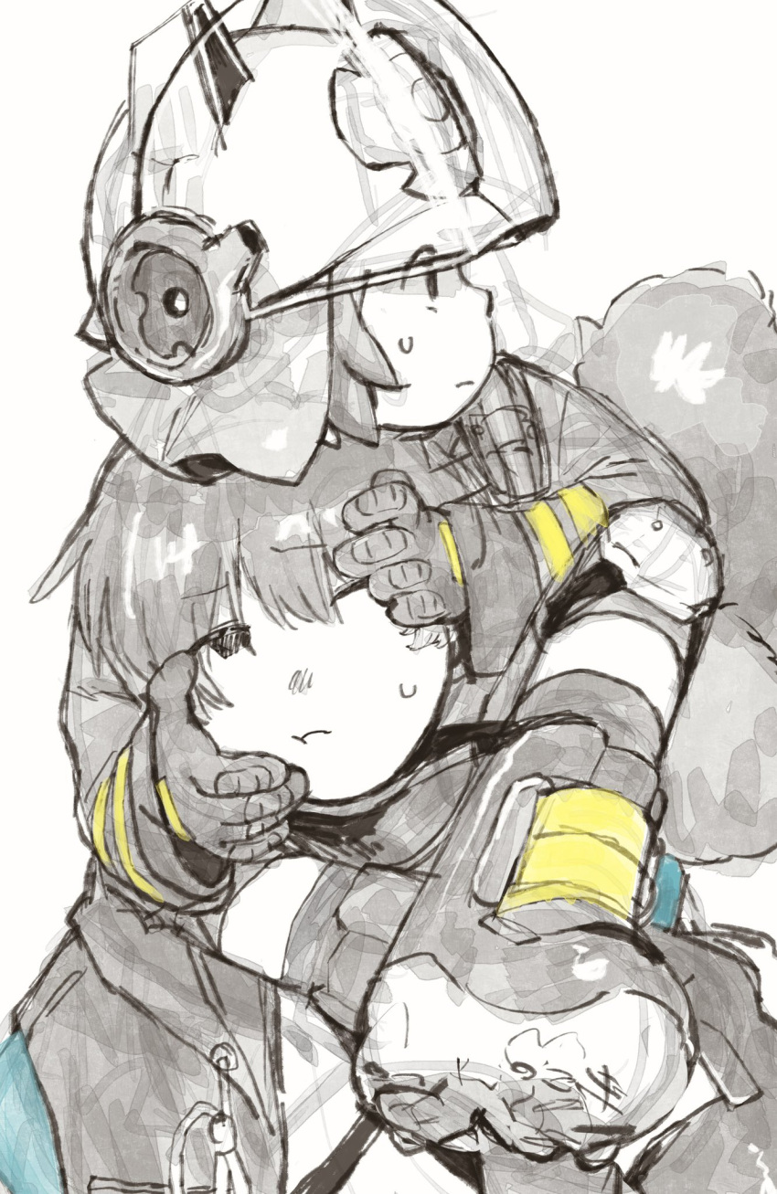 1boy, 1girl, animal_ear_headwear, arknights, boots, buffalo_iinkai, carrying, coat