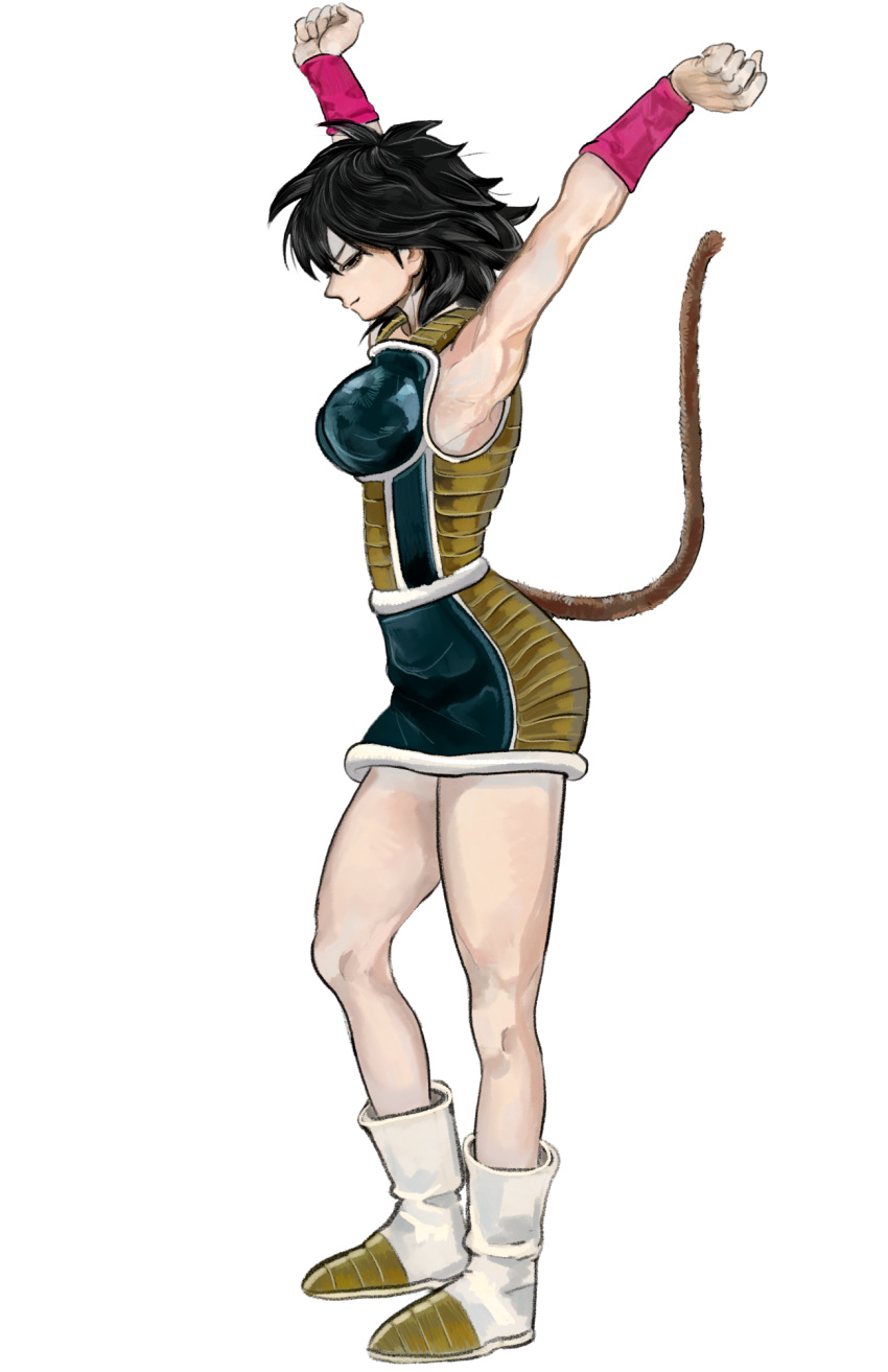 1girl, armor, armored_dress, armpits, arms_up, black_hair, boots, breasts, closed_eyes, commentary, dragon_ball, dragon_ball_minus, dress, from_side, full_body, gine, highres, kkghost_tv, large_breasts, medium_hair, monkey_tail, saiyan_armor, short_dress, solo, tail, white_boots