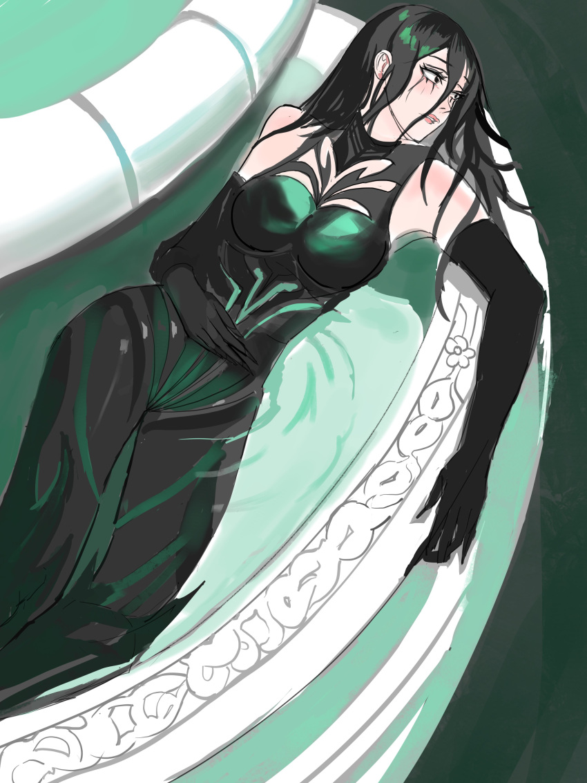1girl, absurdres, bare_shoulders, black_hair, bodysuit, breasts, emptiart, gloves, green_eyes, green_lines, hela_(marvel), highres, large_breasts, long_hair, marvel, marvel_cinematic_universe, marvel_rivals, solo, thor:_ragnarok, water