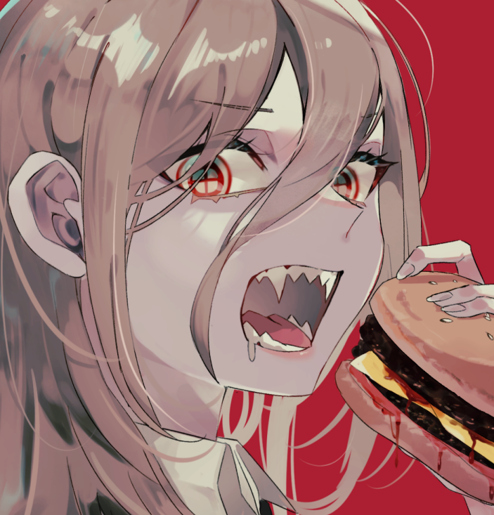 burger, chainsaw_man, esion, food, hair_between_eyes, open_mouth, pink_hair, red_background, sharp_teeth, teeth, tongue