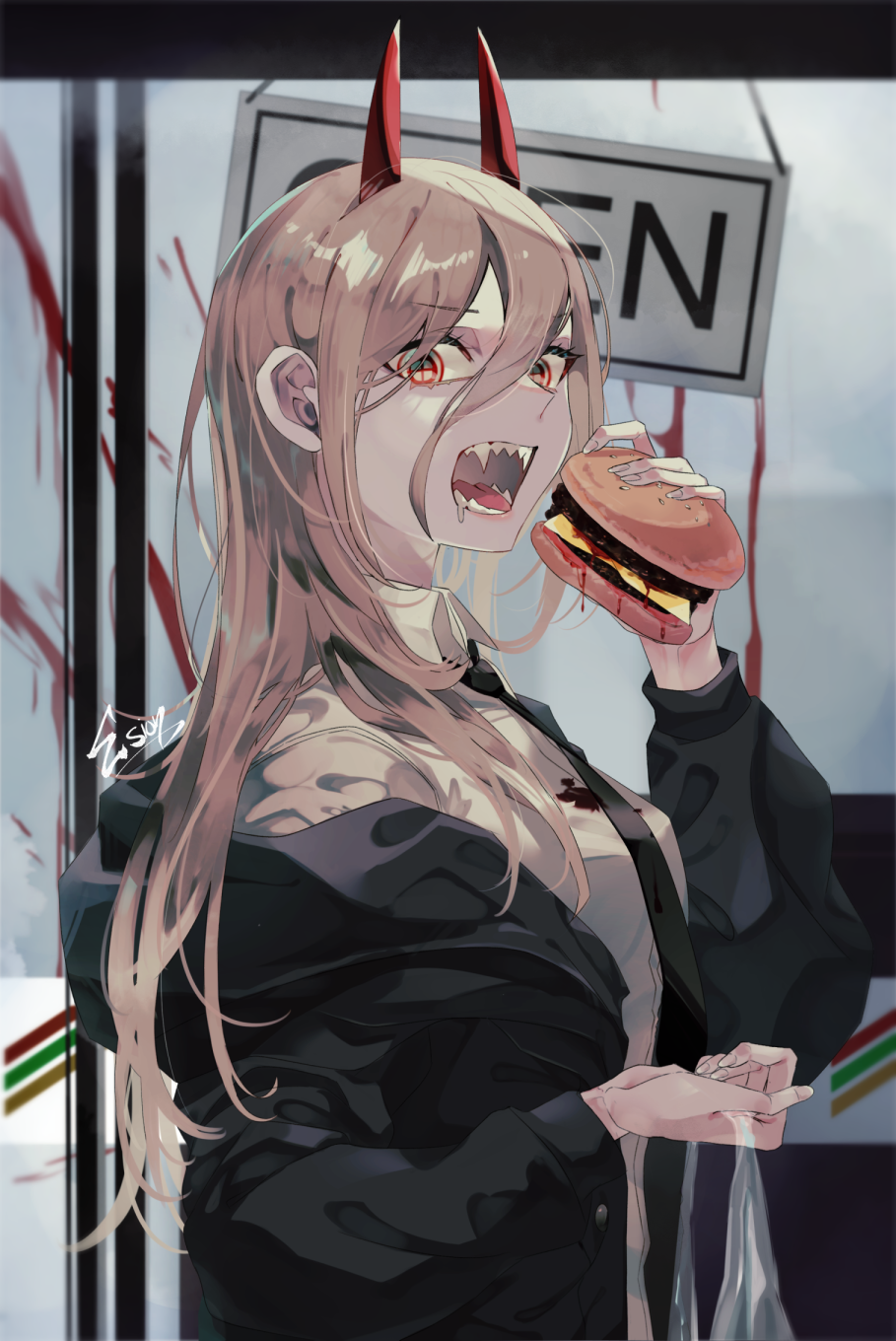 burger, chainsaw_man, demon_horns, esion, food, hair_between_eyes, highres, horns