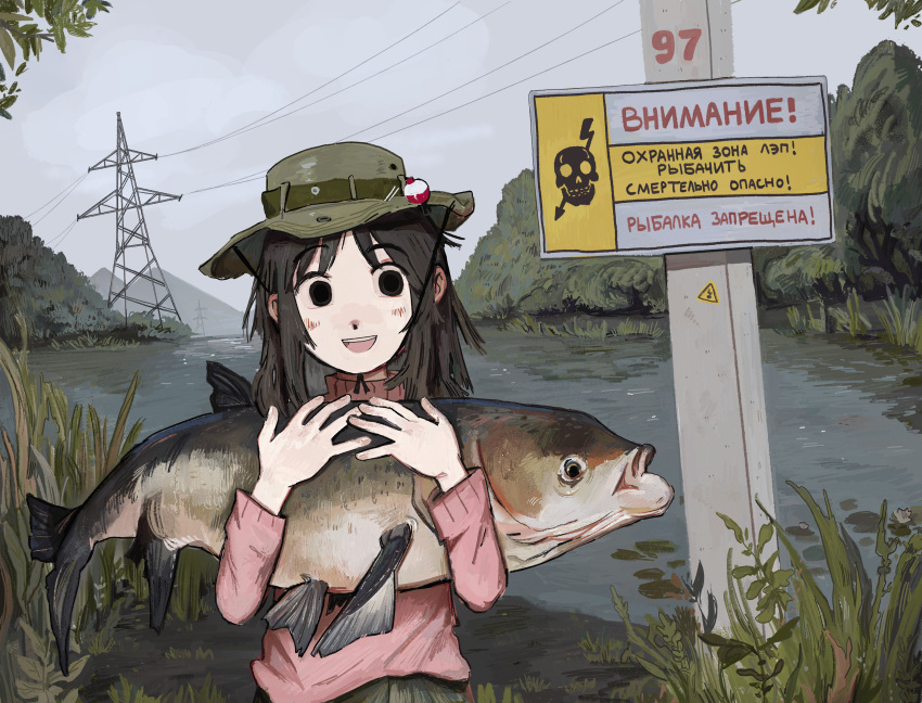 1girl, absurdres, animal, azumanga_daioh, black_eyes, black_hair, breasts, brown_hair