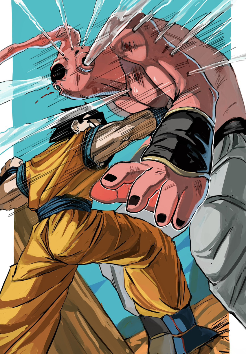2boys, battle, black_hair, blue_boots, blue_shirt, boots, border, colored_skin
