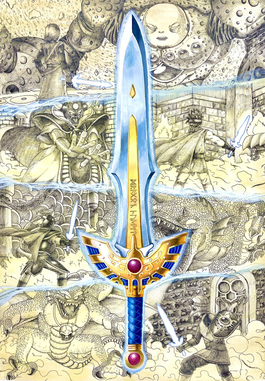 6+boys, ancestor_and_descendant, armor, cape, claws, commentary_request, cosplay, dragon