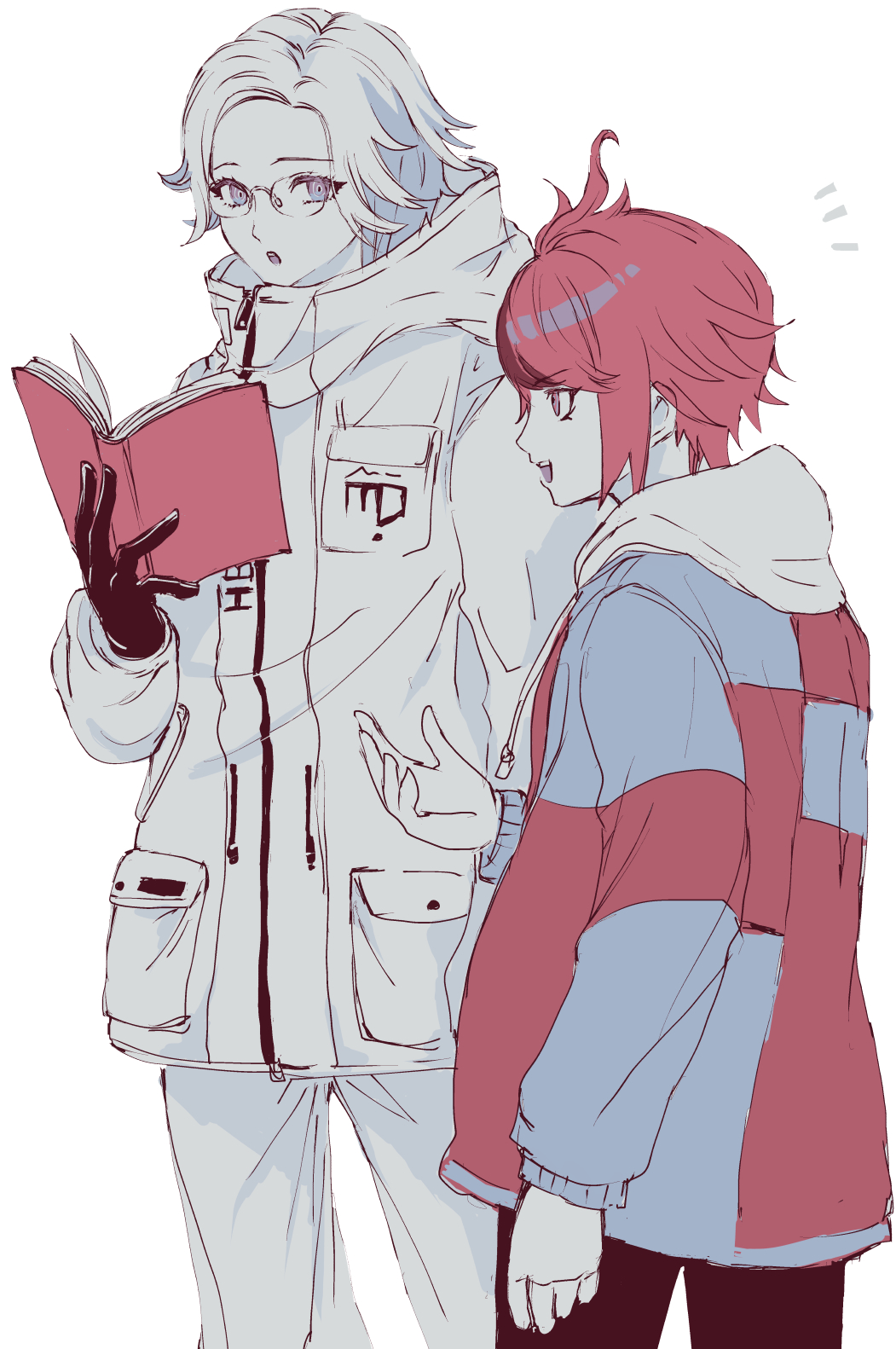 2boys, aotsuki_eito, black_gloves, black_pants, blue_eyes, book, drawstring, glasses
