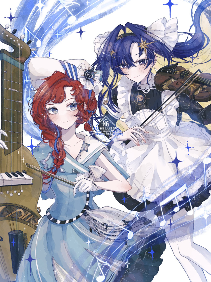 2girls, apron, aster_(sterdust_08), barcarola_(reverse:1999), beamed_eighth_notes, black_dress, black_hairband, blonde_hair