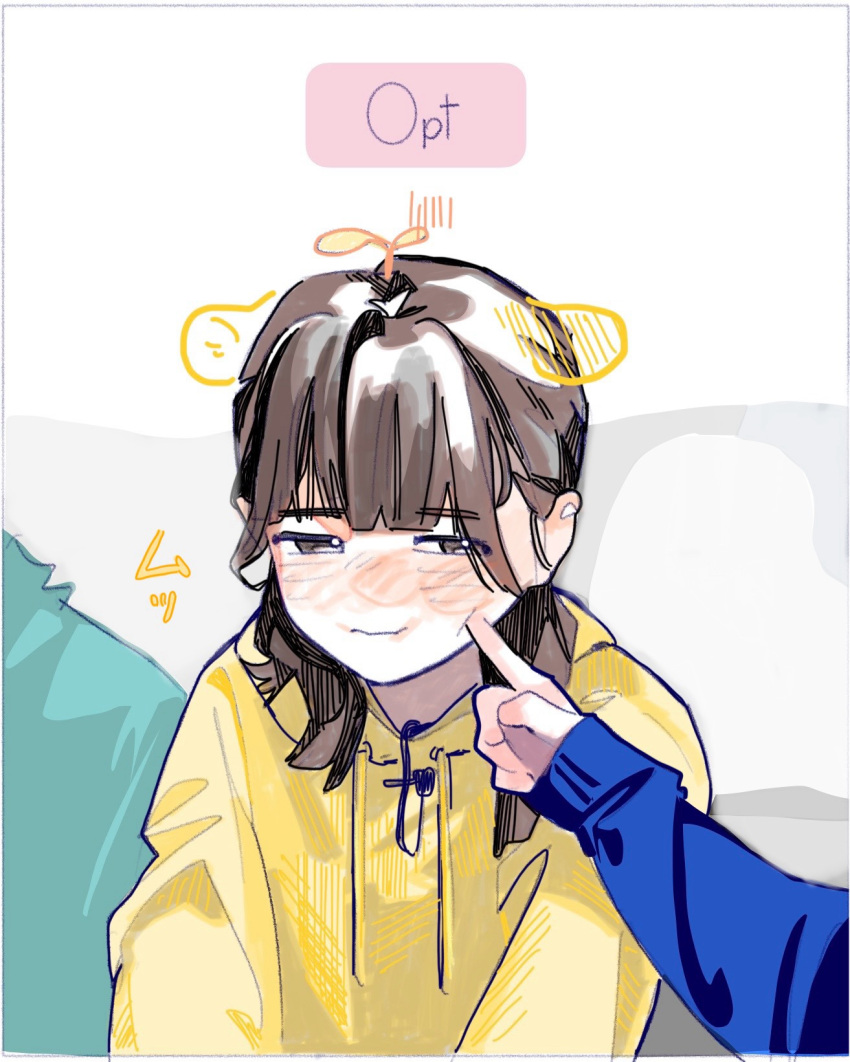3girls, animification, aqua_hoodie, blue_hoodie, blunt_bangs, brown_hair, cheek_poking, commentary