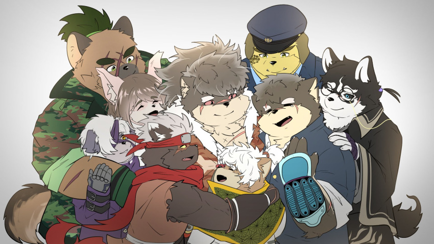 6+boys, animal_ears, arujoseru, closed_eyes, closed_mouth, colored_sclera, dog_boy, dog_ears, dog_nose, dog_tail, english_commentary, furry, furry_male, group_hug, highres, hug, looking_at_another, looking_up, male_focus, masanori_(housamo), masashi_(housamo), moritaka_(housamo), multiple_boys, multiple_scars, nobumichi_(housamo), open_mouth, red_sclera, scar, shino_(housamo), smile, tadatomo_(housamo), tail, tanetomo_(housamo), tearing_up, tokyo_afterschool_summoners, yasuyori_(housamo), yoshito_(housamo)
