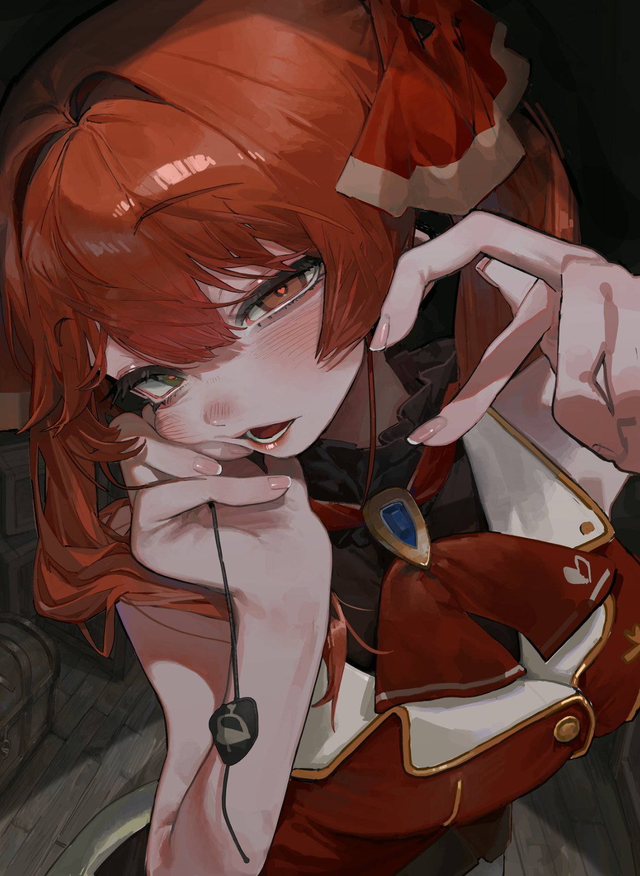 1girl, 87yanagi, ascot, brown_eyes, green_eyes, heart, heart-shaped_pupils, heterochromia, highres, hololive, houshou_marine, houshou_marine_(1st_costume), jacket, looking_at_viewer, lower_teeth_only, open_mouth, red_ascot, red_hair, red_jacket, sleeveless, sleeveless_jacket, solo, symbol-shaped_pupils, teeth, virtual_youtuber