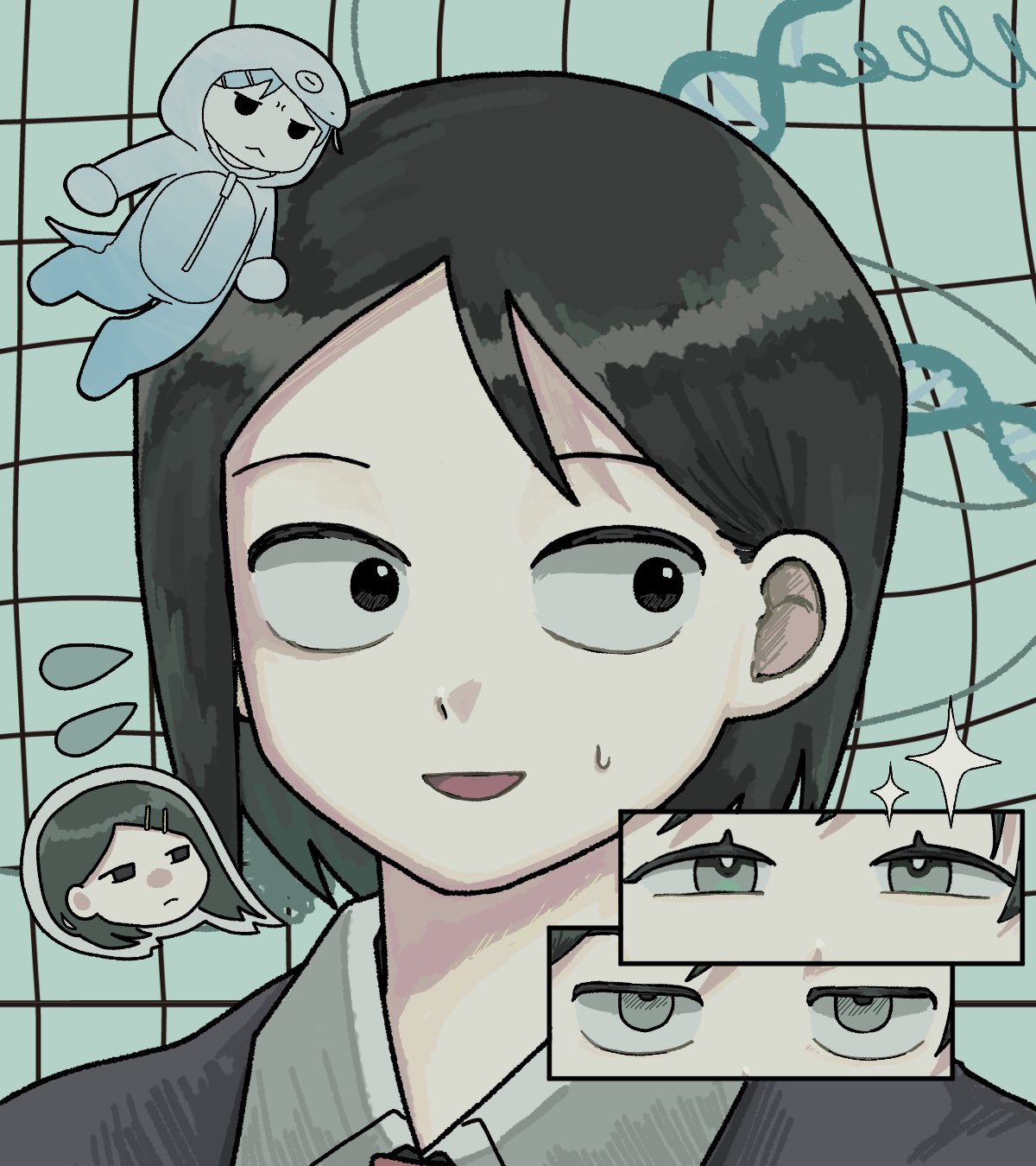 1boy, 1girl, :d, animal_costume, black_eyes, black_hair, collared_shirt, commentary, cosplay, cousins, dna, eye_focus, futsuu_no_keion-bu, grid_background, hair_behind_ear, head_only, highres, io_teu5, kigurumi, kouyama_rin, looking_to_the_side, nervous, nervous_smile, parted_bangs, portrait, shirt, short_hair, small_sweatdrop, smile, snake_costume, sparkle, symbol-only_commentary, taguchi_ryuuya