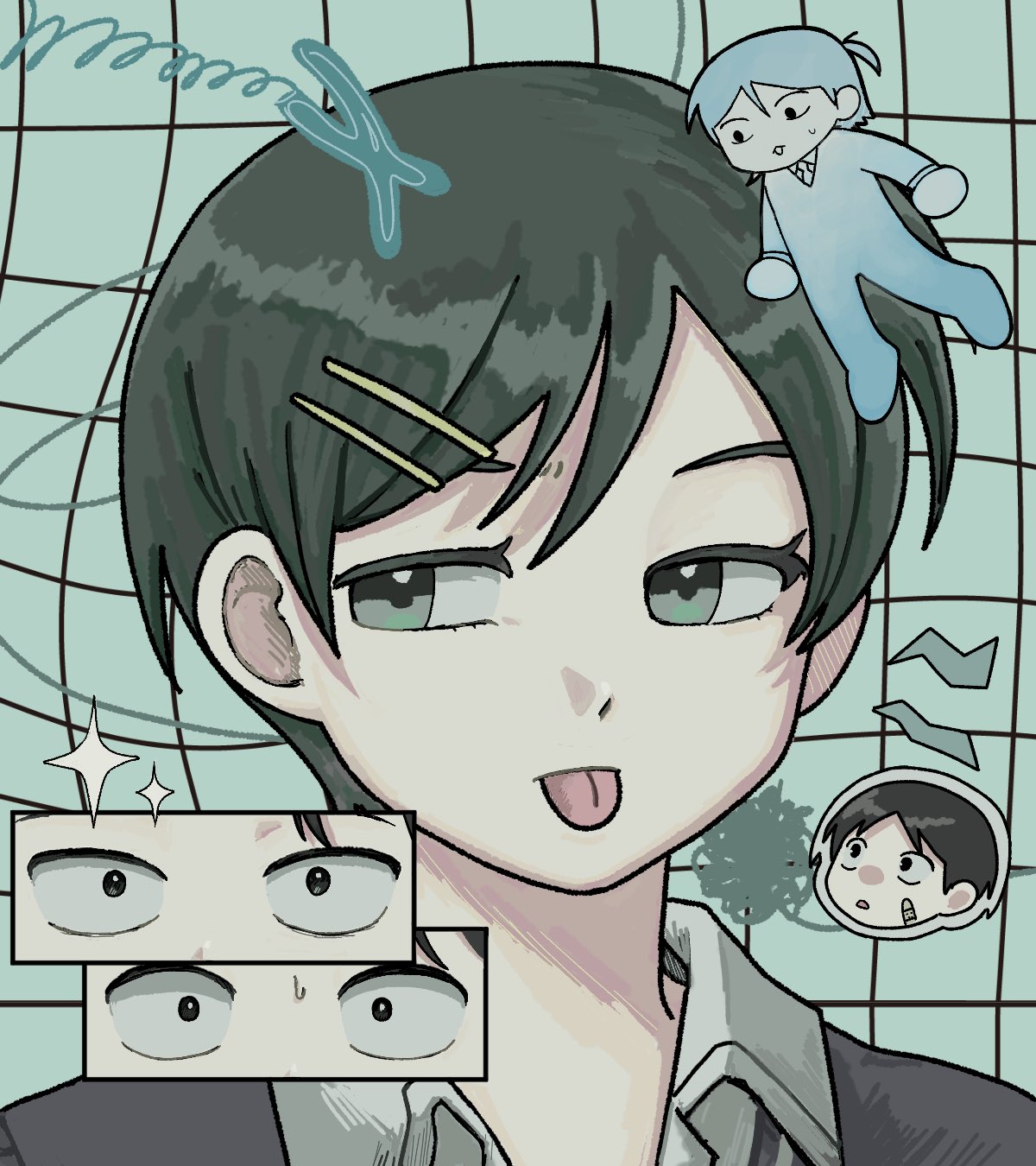 1boy, 1girl, :p, bandaid, bandaid_on_cheek, bandaid_on_face, chromosome, collared_shirt, commentary, cousins, eye_focus, full_body, futsuu_no_keion-bu, green_eyes, green_hair, green_theme, grid_background, hair_ornament, hairpin, head_only, highres, io_teu5, kouyama_rin, looking_to_the_side, pixie_cut, portrait, shirt, short_hair, small_sweatdrop, sparkle, swept_bangs, symbol-only_commentary, taguchi_ryuuya, tongue, tongue_out