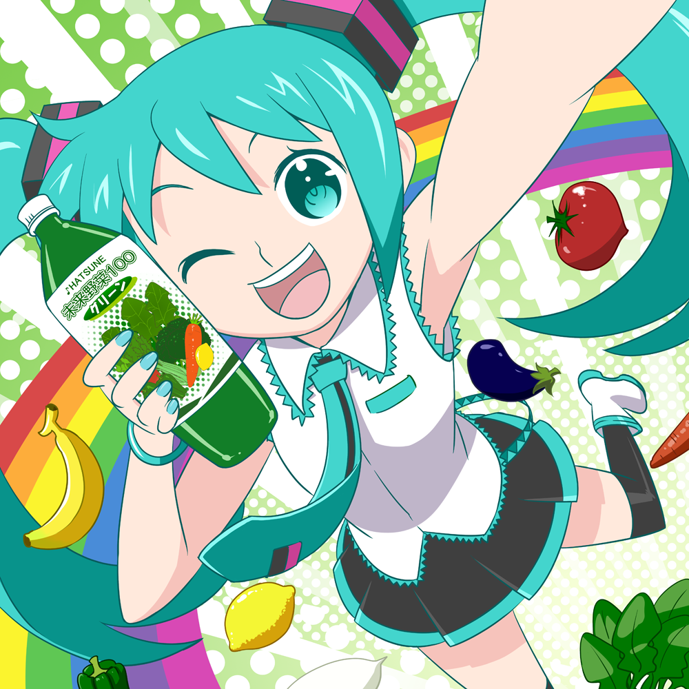:d, aqua_eyes, aqua_hair, arm_up, armpits, banana, bell_pepper, bracelet